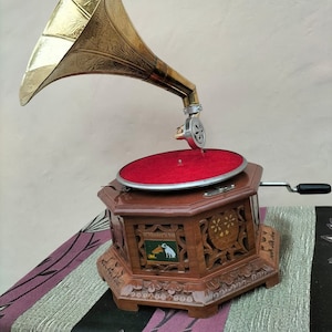 Vintage Charm Embodied: Handmade Embroidered HMV Gramophone Record Player Phonograph