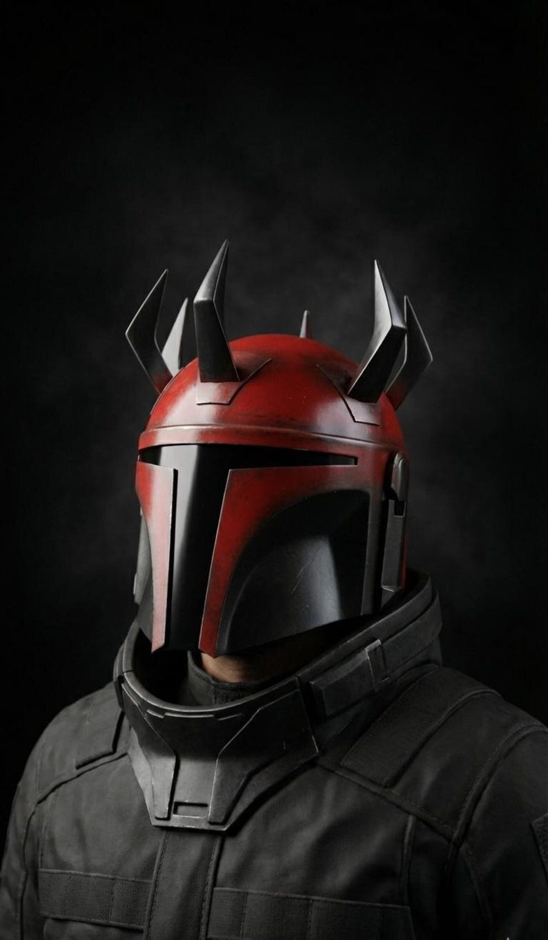 May include: A red and black helmet with angular horns, reminiscent of a Mandalorian design. The helmet features a T-shaped visor and is worn with a black jacket, creating a striking, futuristic look.