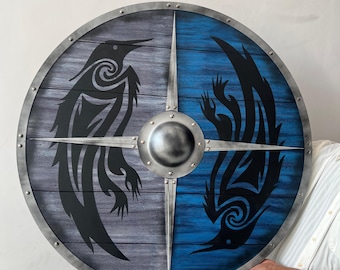 Escudo Viking Valhalla – Escudo redondo de madeira feito à mão com desenho de corvo | LARP, Cosplay, Decoração de parede
