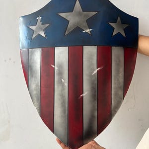 May include: A shield with a blue top section featuring three gray stars. The lower portion has alternating red and white vertical stripes. The shield is held up against a white background.