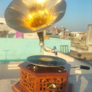Vintage Charm Embodied: Handmade Embroidered HMV Gramophone Record Player Phonograph