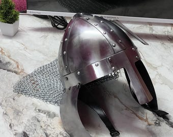 Ręcznie wykonany hełm średniowiecznego rycerza | Zbroja stalowa kalibru 18, kolczuga Aventail