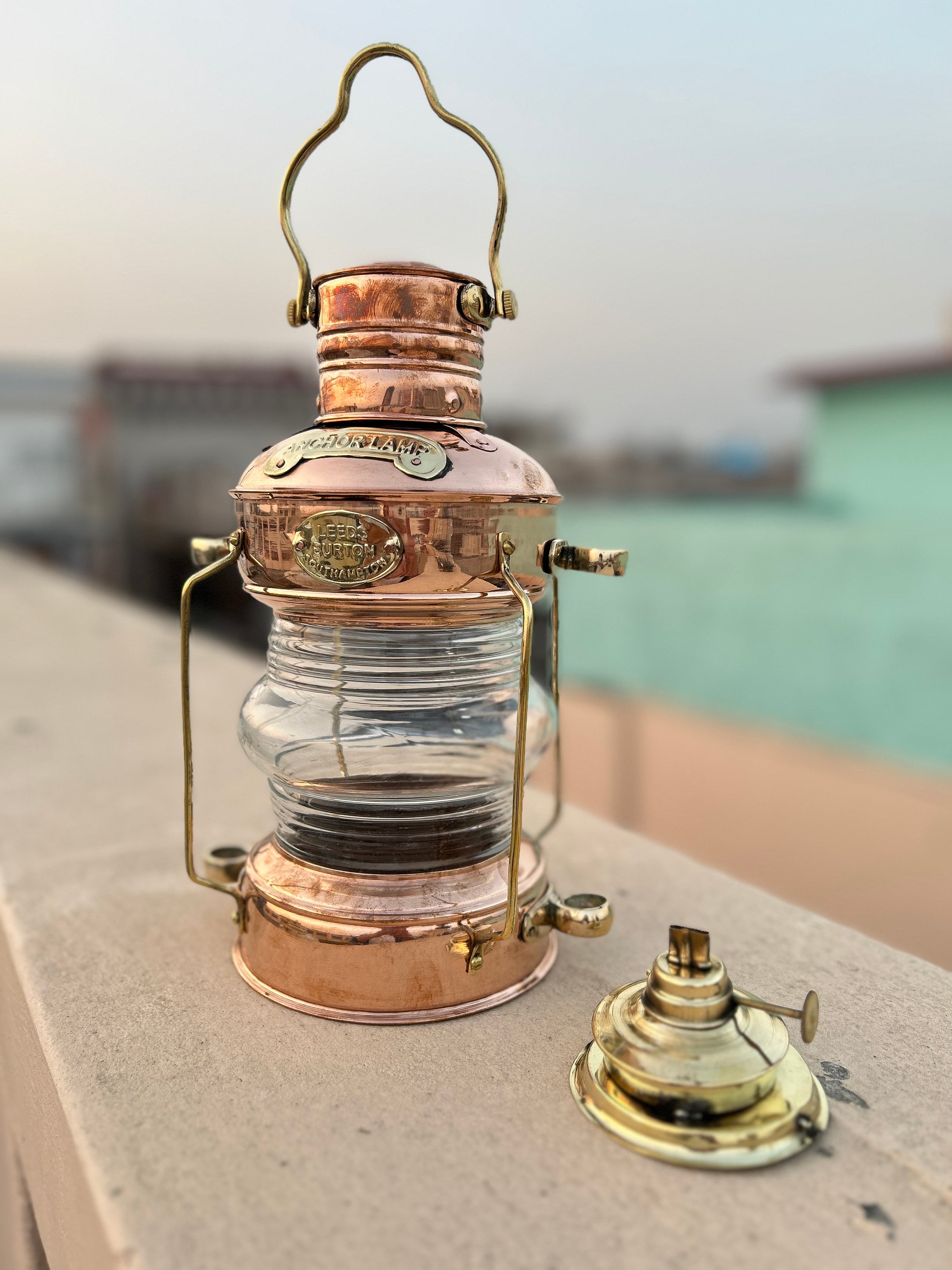 Vintage Brass & Copper Anchor Oil Lamp: A Classic Maritime