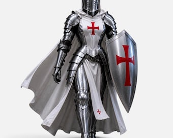 May include: A full suit of polished silver plate armor featuring a white tabard and cape adorned with a red cross. The armor includes a closed helmet, articulated gauntlets, and greaves. A matching silver shield with a red cross is held at the side.