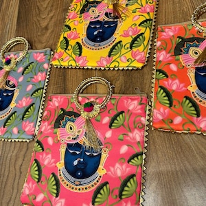 Indian handmade women Shreenathji print hand bags Favours for sangeet/ Pooja/festival/Haldi/ Mehendi/party/wedding giveaways /Return gift