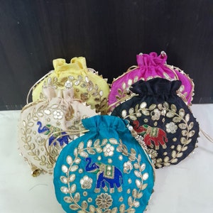 Indian handmade women Potli bags/Evening clutch/purse/ drawstring bags/party/mehndi/wedding giveaways/Return gift/Elephant design Bag