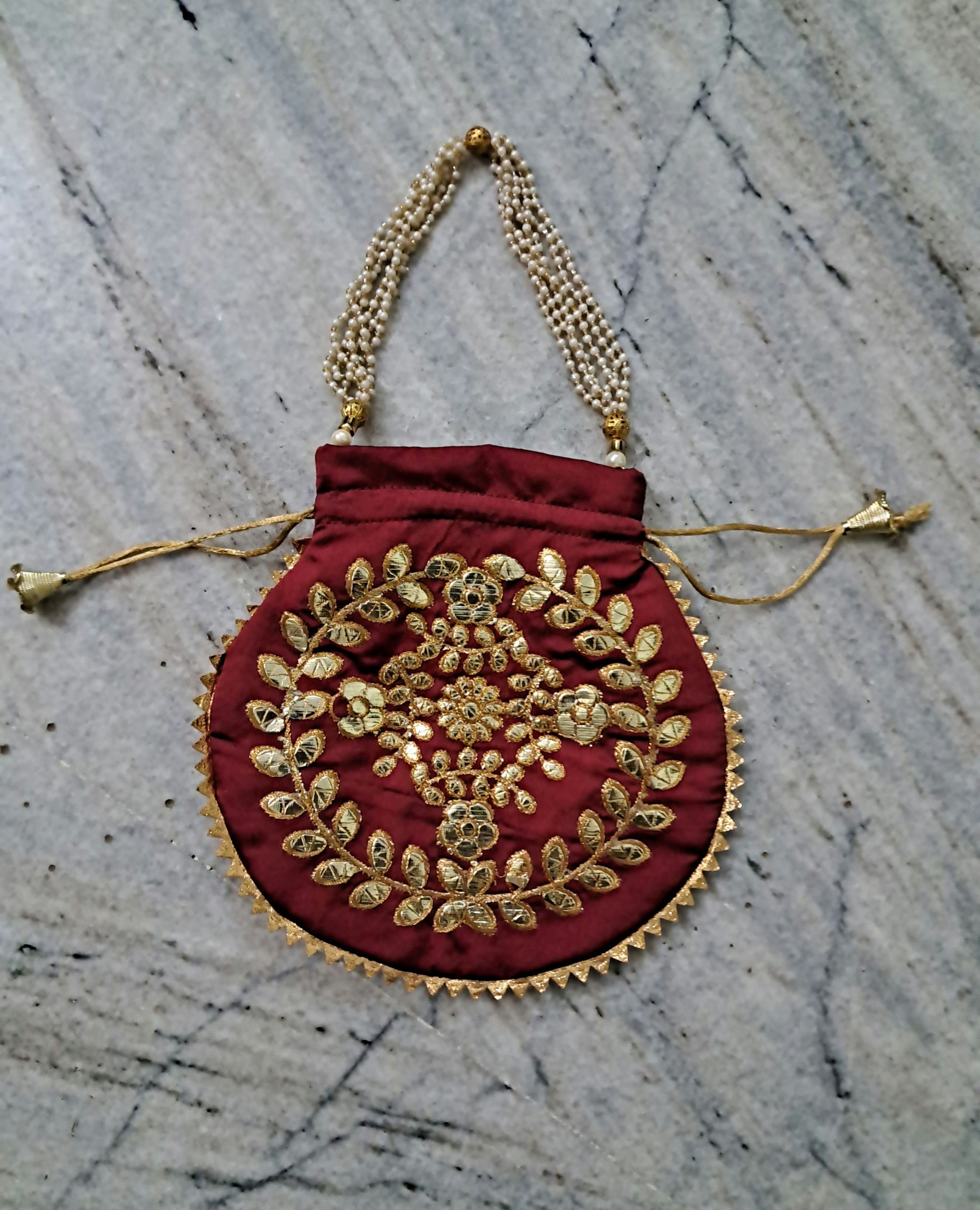 Red Batwa Embroidered Silk Potli Bag: Red & Golden Gota Patti Batwa With Pearl ...