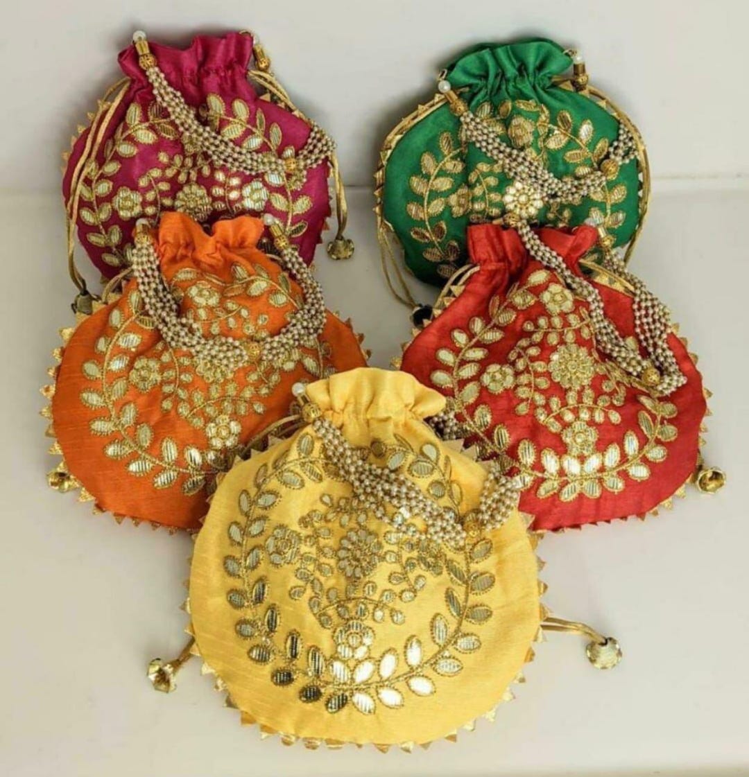 Red Batwa Embroidered Silk Potli Bag: Red & Golden Gota Patti Batwa With Pearl ...