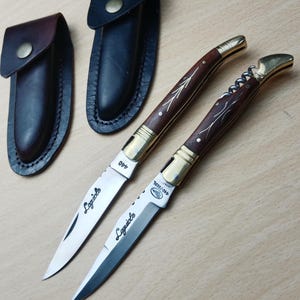 lot of 2 Laguiole Table Knives, Lagioule Stakes Knives, Recraft, Made In France, Gift For Men, Luxury Gifts, Leather sheath,
