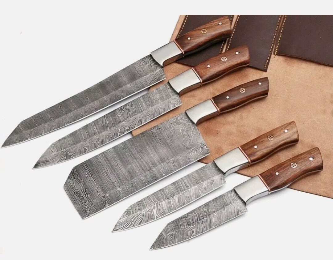 Custom Handmade Chef Knives Set, Cutting Knife, Leather Sheath, Chef