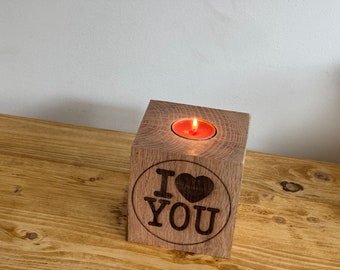 I Love You - Tea candle holder in oak (approx 90mm x 90mm) - customisable