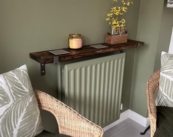 Rustic pine radiator shelf with brackets