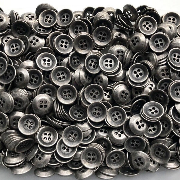 15mm Buttons Antique Silver Grey Metal Aged Silver Grey 4 Hole Industrial Rustic Vintage Retro Style Button (L22)