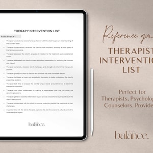 May include: A digital tablet displaying a list of therapy intervention steps for therapists, psychologists, counselors, and providers. The list is titled "Therapy Intervention List" and includes a section titled "Assessment". The text on the tablet is in a white font on a black background. The tablet is on a brown surface.