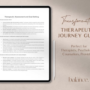 May include: A digital tablet displaying a guide for therapists, psychologists, counselors, and providers. The guide is titled "Transformative Therapeutic Journey Guide" and includes a section on "Therapeutic Assessment and Goal Setting".