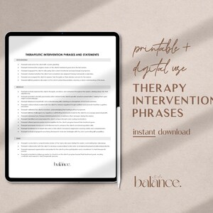Könnte beinhalten: Ein digitaler Download von druckbaren Therapie-Interventions-Phrasen für den Einsatz in Therapiesitzungen. Das Dokument wird auf einem Tablet mit einem weißen Stift daneben angezeigt. Der Text auf dem Dokument lautet "Therapeutische Interventions-Phrasen und -Aussagen" und "Druckbar + Digitaler Gebrauch Therapie-Interventions-Phrasen Sofortiger Download".