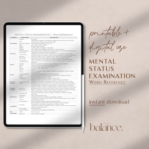 May include: A printable mental status examination word reference guide with a brown background and the text "printable + digital use" and "instant download" in brown text. The guide is titled "Mental Status Examination Word Reference" and includes a table with columns for "Domain", "Component", and "Descriptors".