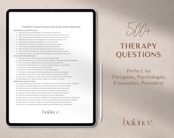 May include: A digital tablet displaying a list of 500+ therapy questions for goal exploration. The questions are categorized into self-reflection, career and professional goals, and relationships and social goals. The text "500+ Therapy Questions" is displayed in brown text on a beige background. The text "Perfect for Therapists, Psychologist, Counselors, Providers!" is also displayed in brown text on a beige background.