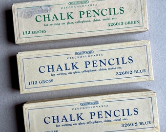Vintage Bohemia Works Czechoslovakia blue & green chalk pencils sets: for writing on glass, cellophane, china, metal, 1960, retro charm gift