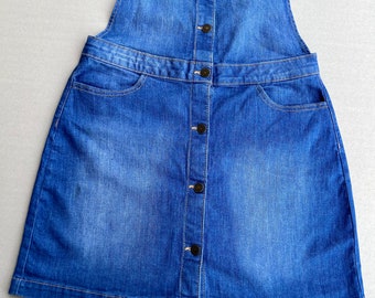 Stretchy denim pinafore: vintage cobalt blue dungaree dress, sustainable C&A Clockhouse, above the knee, A-line skirt, jean apron, size L