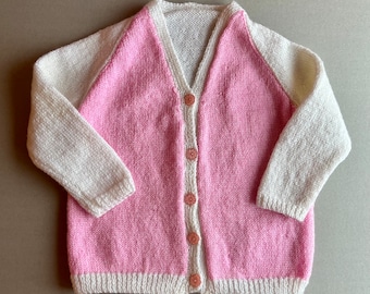 Handmade 1990s vintage kids clothes: handknit cardigan for toddler girl, soft, delicate, pink & white, sparkly lurex sweater, flower buttons