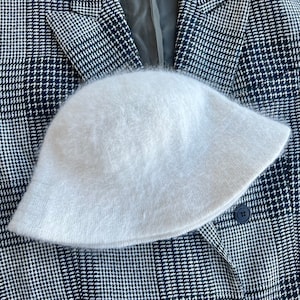 Sustainable knitted bucket hat: fluffy hat, white angora rabbit yarn hat, soft knit accessories for women, fuzzy hat for autumn, winter