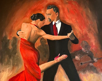 Tango Argentino, oeuvre d'art originale, peinture de portrait à l'huile sur papier d'artiste, portrait à l'huile personnalisé.