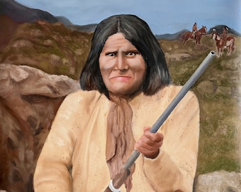 Geronimo origineel olieverfschilderij van een oude foto, olieportret van de Commissie op linnen doek, aangepast olieportret.