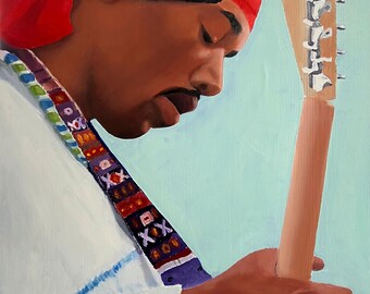 Jimi Hendrix-olieverfschilderij op hout: Woodstock-portretkunst (40 x 40 cm)