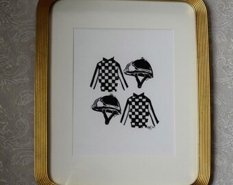Ready to Ride, black ink block print, Horse Racing/Kentucky/Belmont/Keeneland/Preakness Decor, hand carved stamp of jockey silks and helmet