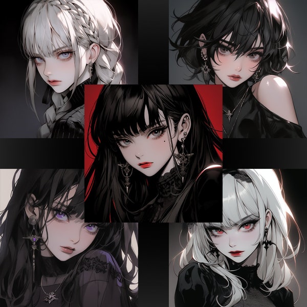 Beautiful goth girl anime character avatar pack, PFP, profile icon for social media, Twitch, Discord, Steam