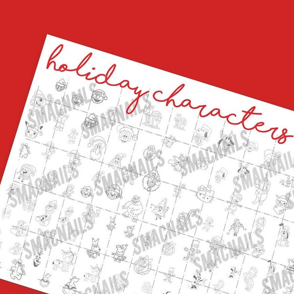 Holiday Cartoon Characters Nail Art Practice Sheet - Christmas & Winter Nail Designs * DIGITAL DOWNLOAD *