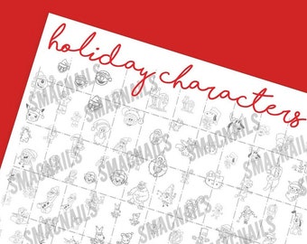 Holiday Cartoon Characters Nail Art Practice Sheet - Christmas & Winter Nail Designs * DIGITAL DOWNLOAD *