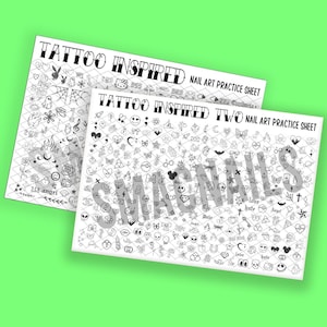 Puede incluir: Dos hojas de práctica en blanco y negro para el arte de las uñas. Las hojas están llenas de pequeños diseños inspirados en tatuajes. La hoja superior dice "Tattoo Inspired Nail Art Practice Sheet" y la hoja inferior dice "Tattoo Inspired Two Nail Art Practice Sheet".