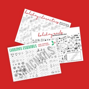 Pode incluir: Três folhas imprimíveis para praticar a arte das unhas. As folhas são intituladas "Personagens de férias", "Unhas de férias" e "Essenciais de Natal". Cada folha apresenta uma variedade de designs natalinos, incluindo flocos de neve, renas, árvores de Natal e Papai Noel.