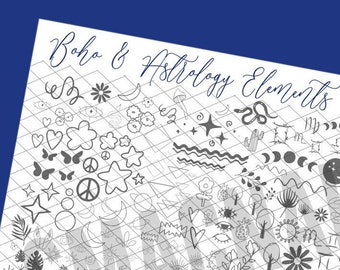May include: A black and white printable practice sheet with a grid pattern. The sheet is filled with various boho and astrology elements, including stars, moons, suns, hearts, peace signs, zodiac symbols, and more. The text "Boho & Astrology Elements" and "Hand Painting Practice Sheet" is at the top of the sheet.