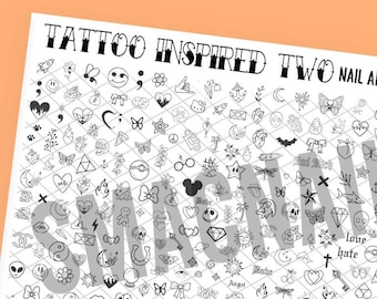 May include: A black and white practice sheet for nail art with the text "Tattoo Inspired Two Nail Art Practice Sheet". The sheet is filled with small tattoo-inspired designs, including hearts, stars, crosses, and more.