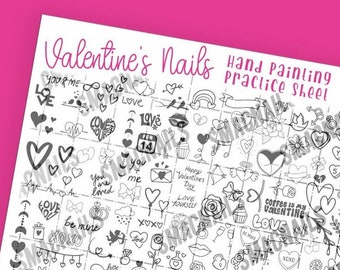 Valentine's Day Nails Hand Painted Practice Sheet * DIGITAL DOWNLOAD * Love Wedding Romance Flowers Valentine Designs