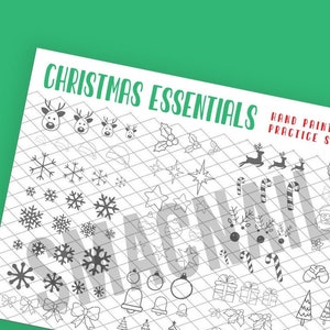 Pode incluir: Folha de prática de pintura à mão com tema natalino, imprimível em preto e branco, com o texto "Christmas Essentials Hand Painting Practice Sheet". A folha apresenta um padrão de grade e vários ícones natalinos, como renas, flocos de neve, sinos, bengalas de doces e um boneco de neve.