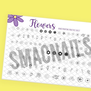May include: A black and white printable practice sheet for hand painting flowers on nails. The sheet features a grid of various flower designs, including roses, daisies, and lilies. The text "Flowers" and "Hand Painting Practice Sheet" are at the top of the sheet.