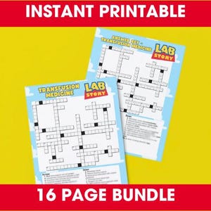 Puede incluir: Dos crucigramas titulados "Transfusion Medicine Lab Story" se muestran sobre un fondo amarillo. Los rompecabezas son de color azul claro con cuadrículas en blanco y negro. El texto "Instant Printable" y "16 Page Bundle" es rojo.