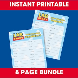 May include: Two light blue printable sheets with the text "LAB STORY" and "WORD SCRAMBLE CHEMISTRY" and "WORD SCRAMBLE MICROBIOLOGY". The sheets are on a blue background with the text "INSTANT PRINTABLE" and "8 PAGE BUNDLE".