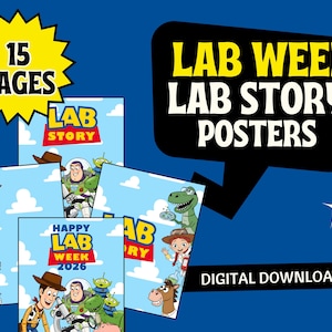 May include: A collection of colorful posters with cartoon characters, featuring the text "LAB WEEK LAB STORY POSTERS" and "DIGITAL DOWNLOAD". The posters have a blue sky background and the text "15 PAGES".