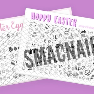 以下が含まれることがあります： 白地に「Hoppy Easter」と「SMACNAILS」の文字が書かれた、黒と白の印刷可能なイースターをテーマにした手描き練習シートです。