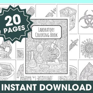 Puede incluir: Un libro para colorear en blanco y negro con 20 páginas de ilustraciones con temática de laboratorio. La portada presenta un microscopio, vasos de precipitados y otros equipos de laboratorio. El título del libro es "Laboratory Coloring Book".