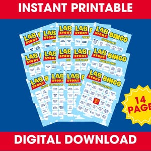 Puede incluir: Una colección de hojas de juego imprimibles "Lab Story" y "Lab Bingo" con un fondo azul. Las hojas tienen un fondo azul claro con texto rojo y amarillo. La imagen incluye el texto "Instant Printable" y "Digital Download".