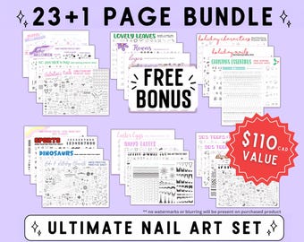 Puede incluir: Un paquete de 23+1 páginas de hojas de práctica para arte de uñas con varios temas como Halloween, Navidad, deportes y dinosaurios. El conjunto incluye una hoja de bonificación gratuita y se etiqueta como un set definitivo de arte de uñas.