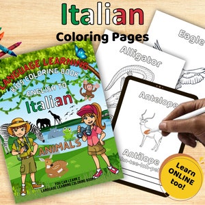 Italian (Animals) Language Learning Digital Download Coloring Book for Kids / Children&#39;s Coloring Pages /Printable PDF