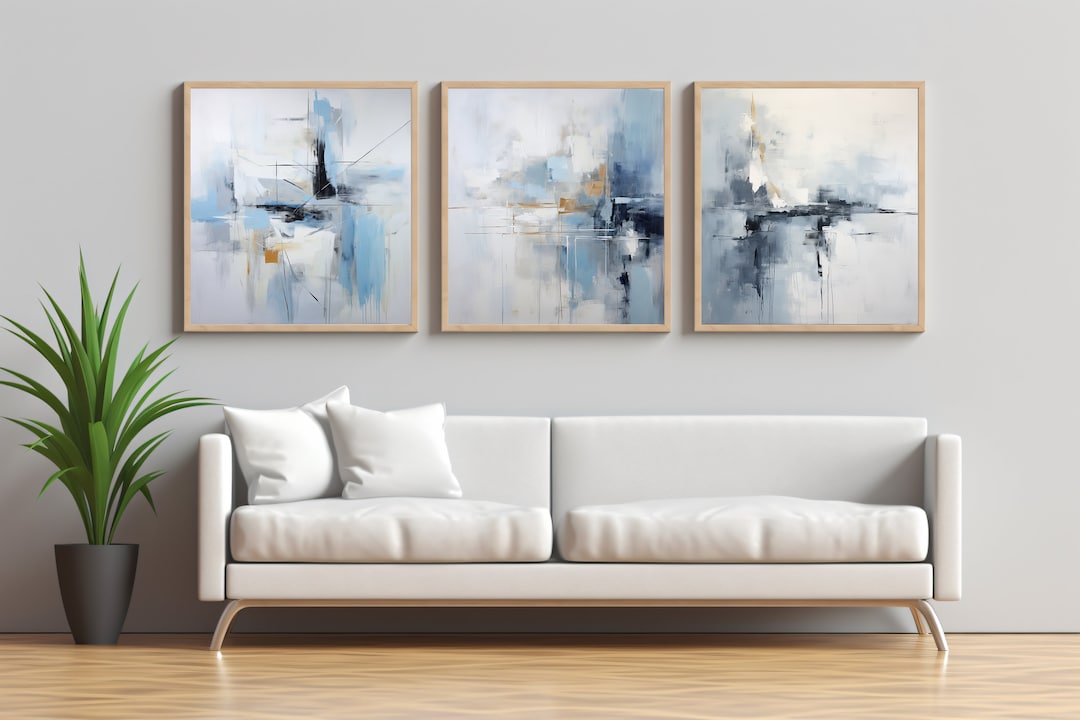 Abstract Wall Art Prints, Downloadable Set of 3, Wall Decor, Blue and