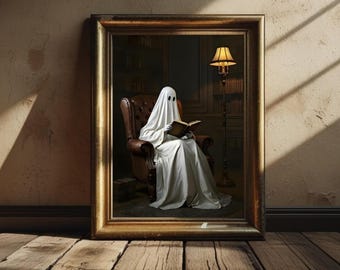 Könnte beinhalten: Ein gerahmtes Kunstwerk zeigt einen Geist, der in einem Ledersessel ein Buch liest. Der Geist ist in ein weißes Laken gehüllt, mit zwei schwarzen Augenlöchern. Eine Lampe mit gelbem Lampenschirm beleuchtet die Szene, in einer Bibliothek.